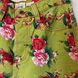 RARE Vintage 1990's Todd Oldham Floral Jeans 27" dragon Lime green Pants Size 6